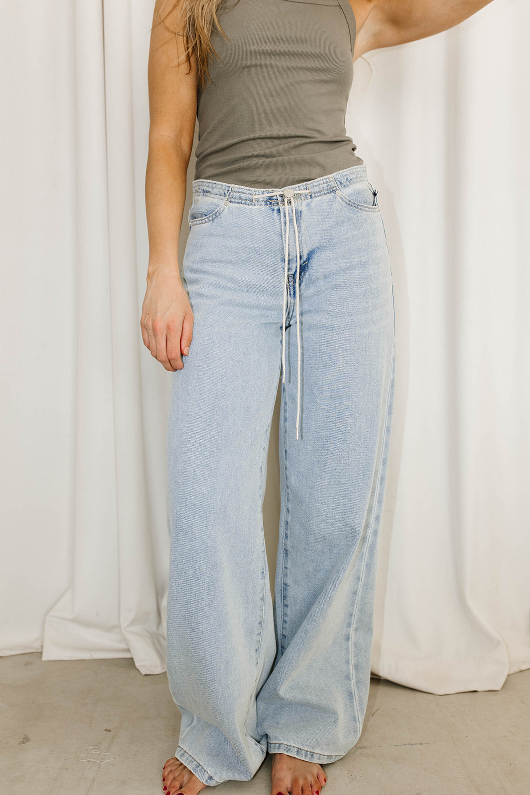 Stylish Jade Green Drawstring Wide Leg Jeans for Women - Comfortable & Trendy Casual Pants for Everyday Wear, Lounge, and Street Style Outfits