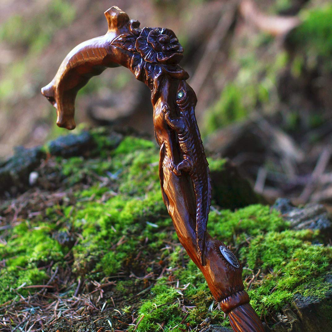 Hand Carved Wooden Walking Cane for Women - Elegant Floral & Lizard Design - Perfect for Hiking, Fashion Accessory, and Elderly Support