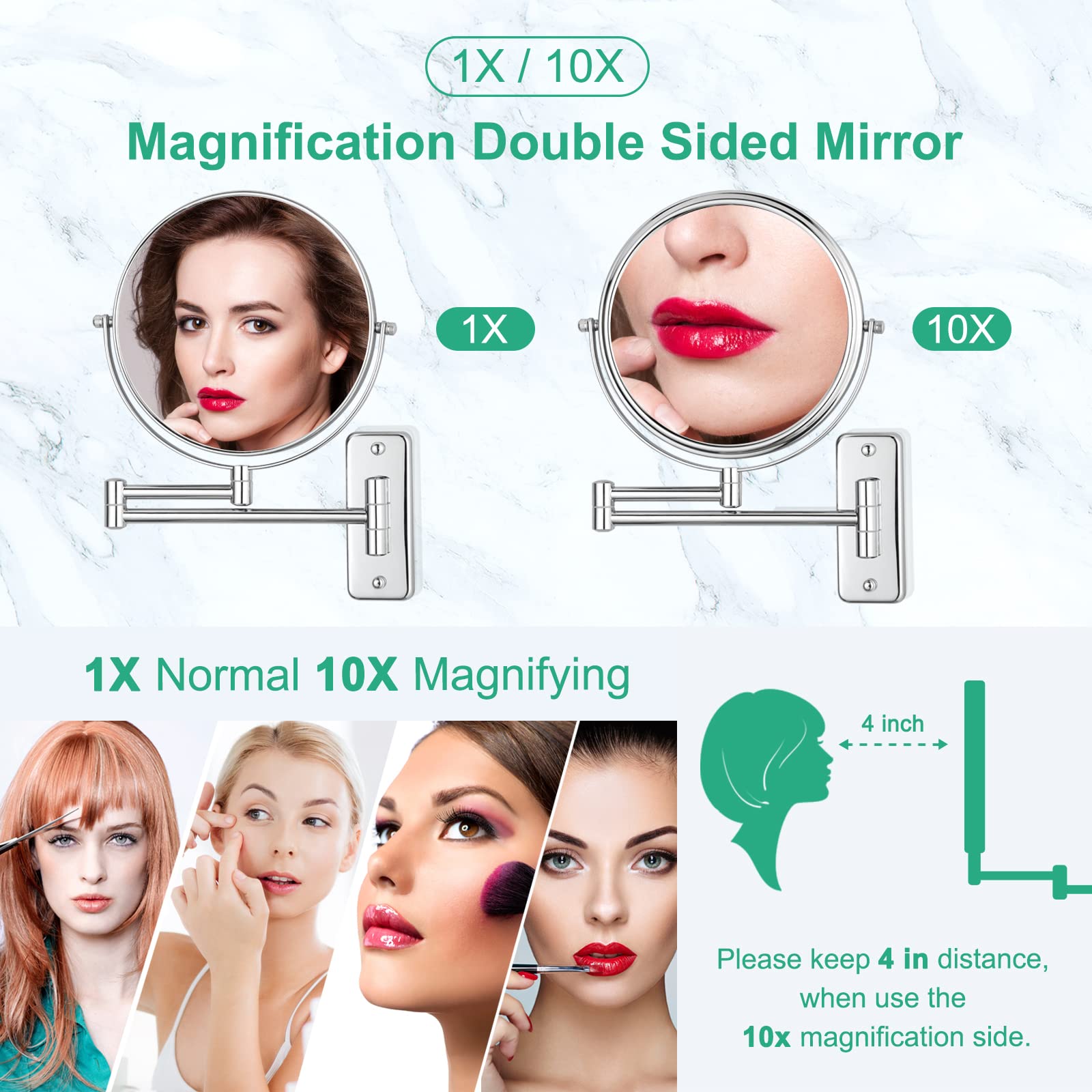 8 Inch Wall Mounted Magnifying Mirror with 10x Magnification - Double Sided Vanity Makeup Mirror for Bathroom - Chrome Finish - Perfect for Makeup Application, Skincare & Shaving