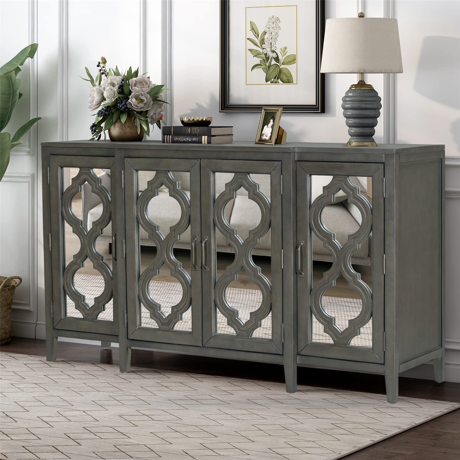 Modern Grey Mirrored Console Table with Metal Handles, 3 Adjustable Shelves & Wood Storage Cabinet for Living Room, Dining Room, Entryway, Hallway & Bedroom