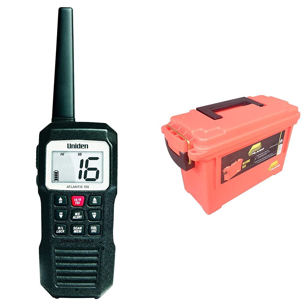 Uniden Atlantis 155 Waterproof Handheld Marine VHF Radio with NOAA Weather Alerts & Plano 131252 Watertight Dry Storage Box - Emergency Boat Safety Gear for Fishing, Sailing & Water Sports