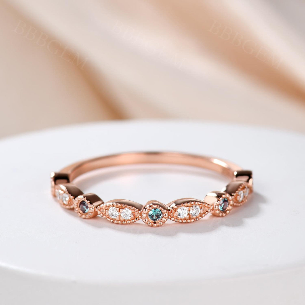 Exquisite Marquise & Round Alexandrite Diamond Wedding Ring - 14K Rose Gold Milgrain Half Eternity Band for Women | Perfect Anniversary Gift, Engagement Ring & Bridal Jewelry for Special Occasions