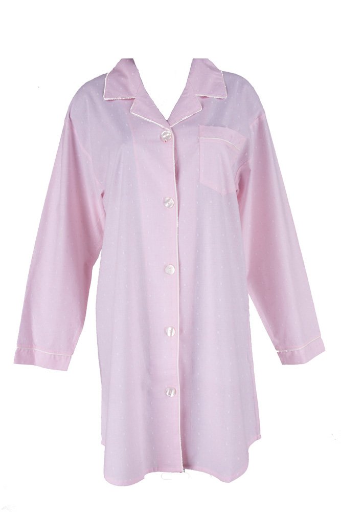Pastel Pink Cotton Long Sleeve Button Front Nightshirt for Women - Soft Woven Sleep Shirt, Loungewear Robe & Cover-Up for Home, Travel & Spa Relaxation