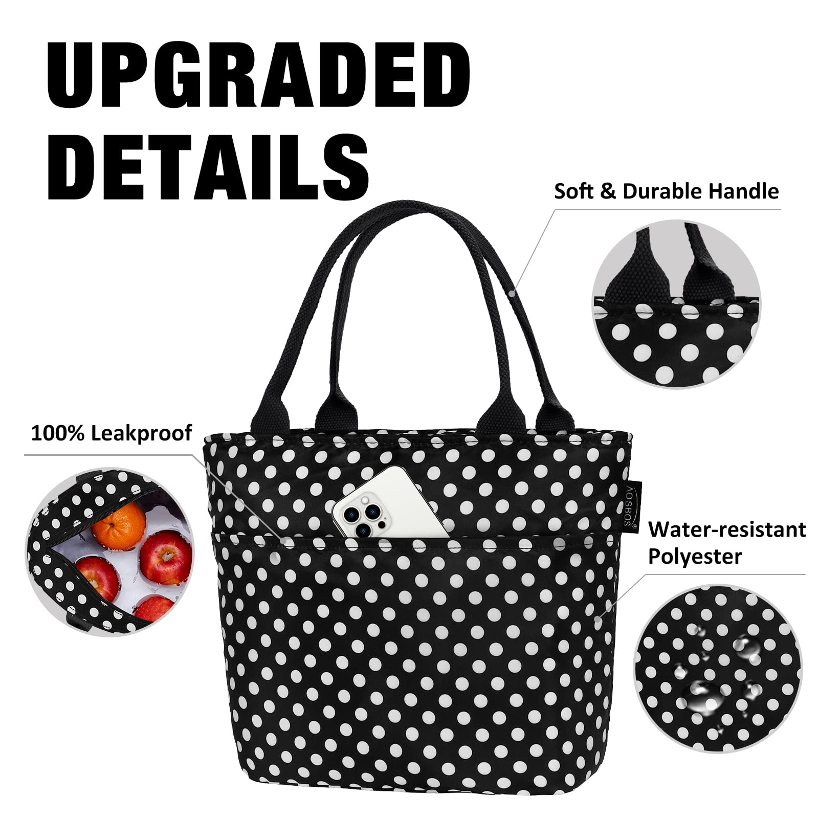 Aosbos Insulated Lunch Box for Women - Stylish Black Polka Dot Lunch Bag for Adults, Meal Prep Tote, Bento Box & Portable Cooler Bag - Perfect for Work, School, Picnics & Outdoor Activities