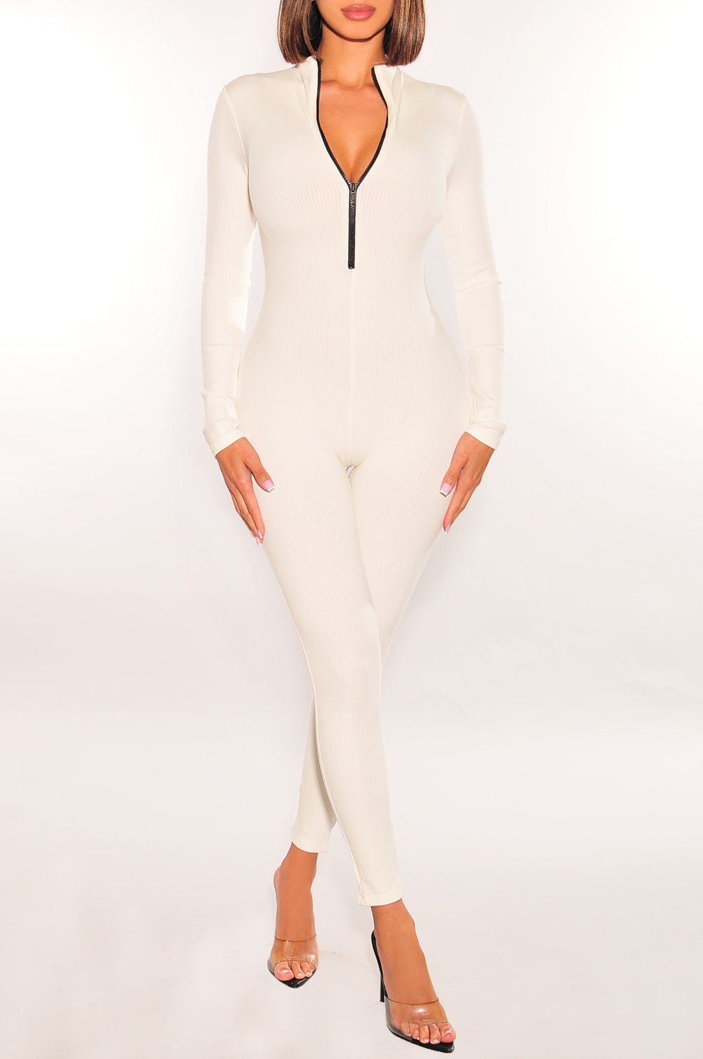 White Ribbed Zipper Long Sleeve Jumpsuit for Women - Stylish Casual Romper with Front Zipper - Perfect for Streetwear, Date Night & Fall Fashion Outfits