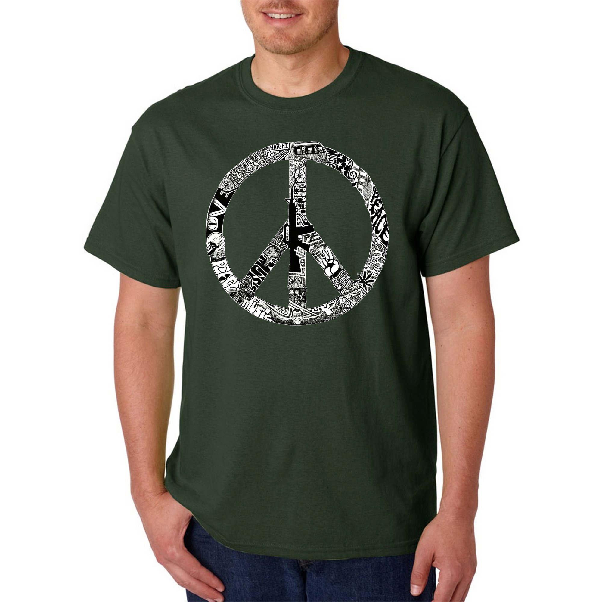 LA POP ART Men's Word Art Graphic T-Shirt - Peace, Love & Music Design | Casual Streetwear for Concerts, Festivals & Everyday Wear