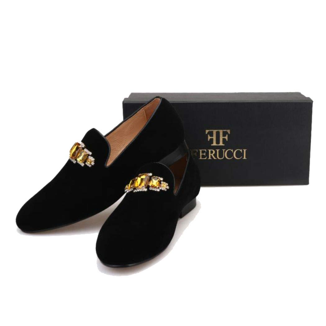 FERUCCI Handmade Men's Black Velvet Loafers with Gold Crystal Brooch - Luxury House Slippers for Indoor Comfort & Elegant Occasions