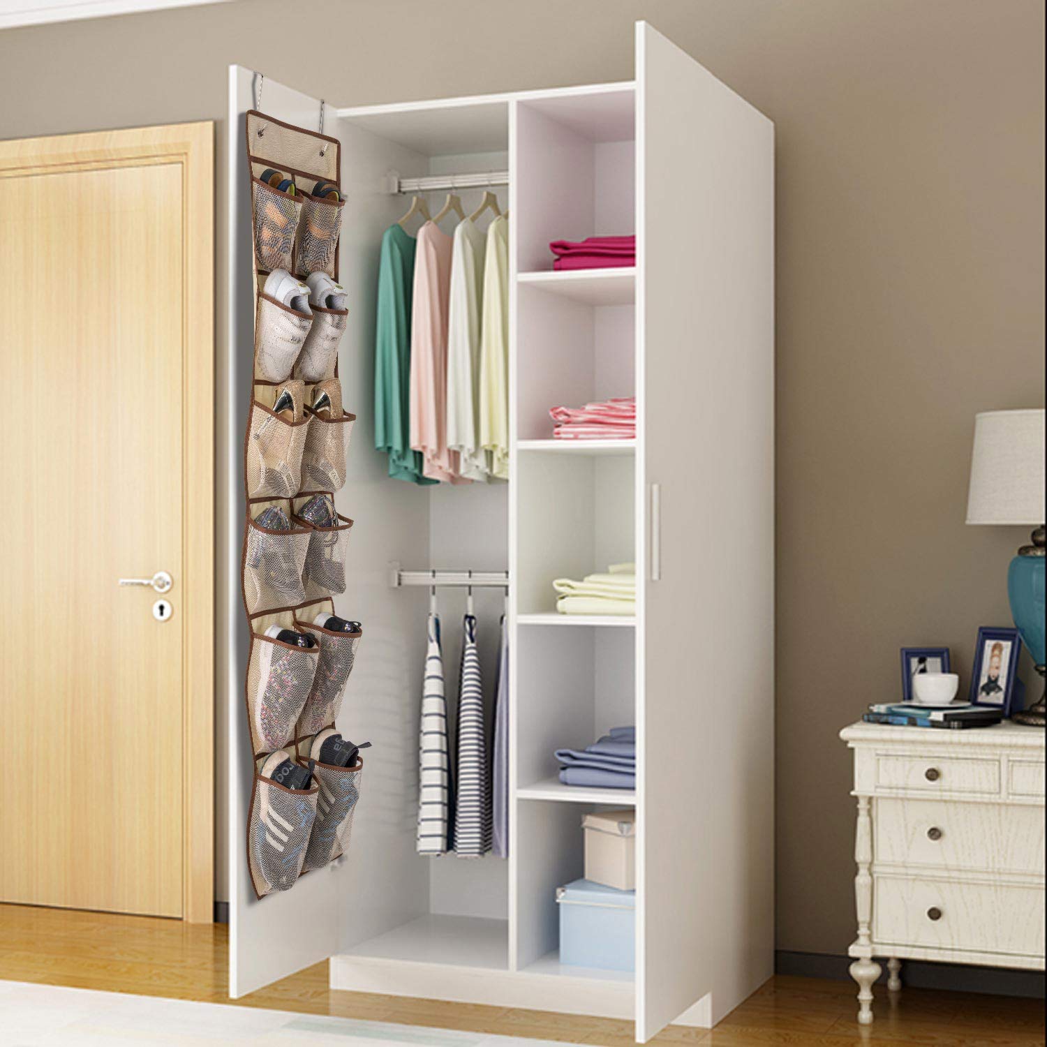 KEEPJOY Over The Door Hanging Shoe Organizer with 12 Mesh Pockets - Space Saving Closet Storage for Men, Women & Kids Shoes - 57.5×12.6 Inch Beige - Perfect for Bedrooms, Dorm Rooms and Entryway Organization