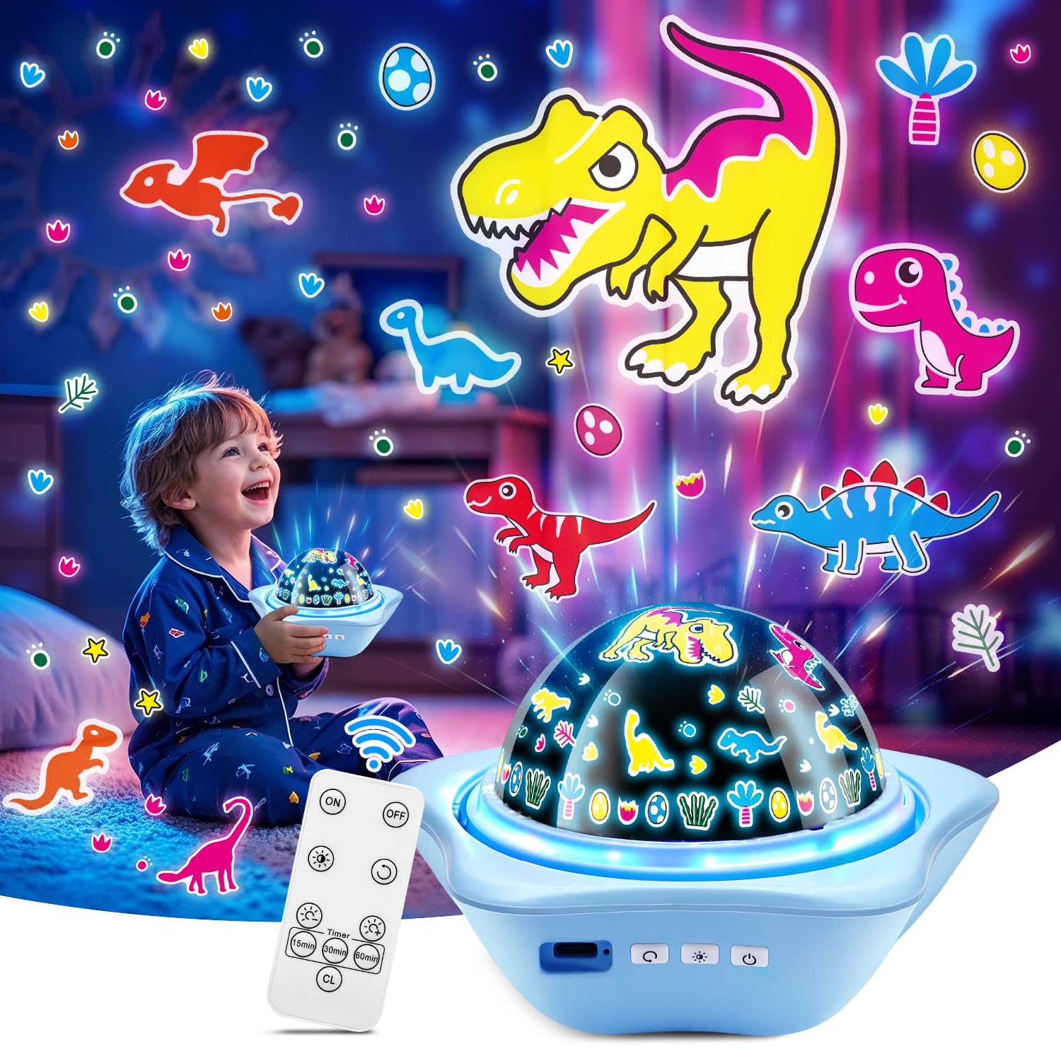 Onefire Star Projector Night Light for Kids - Dimmable Ceiling Projector with Glow in the Dark Stars, Remote Control Dinosaur Toy for Boys & Toddlers | Perfect for Bedroom Decor, Nursery Night Light, and Dinosaur-Themed Gifts
