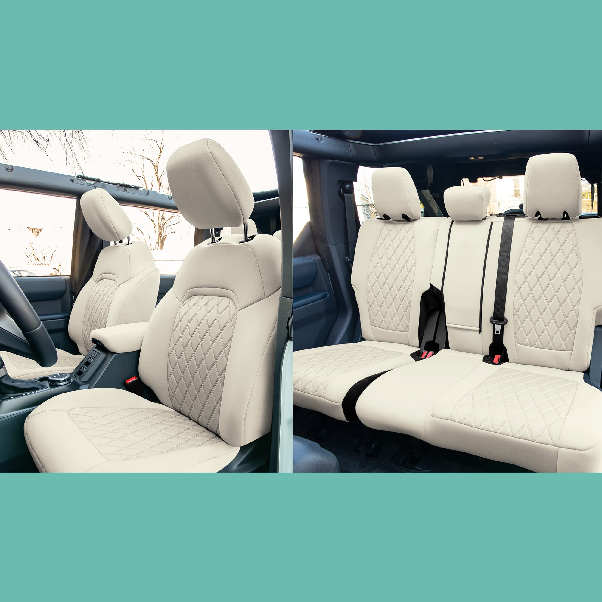 Custom Fit Neoprene Seat Covers for Ford Bronco 2021-2022 SUV - Water Resistant Neosupreme Full Set in Solid Beige | Perfect for Off-Roading, Camping & Daily Commute
