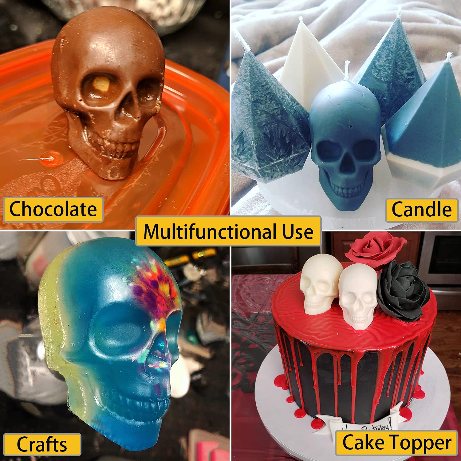 JETKONG Large Skull Ice Mold - 4 Cavity Silicone Ice Cube Tray for Whiskey, Bourbon, Cocktails & Juice - Perfect for Halloween Parties, Themed Drinks & Home Bars