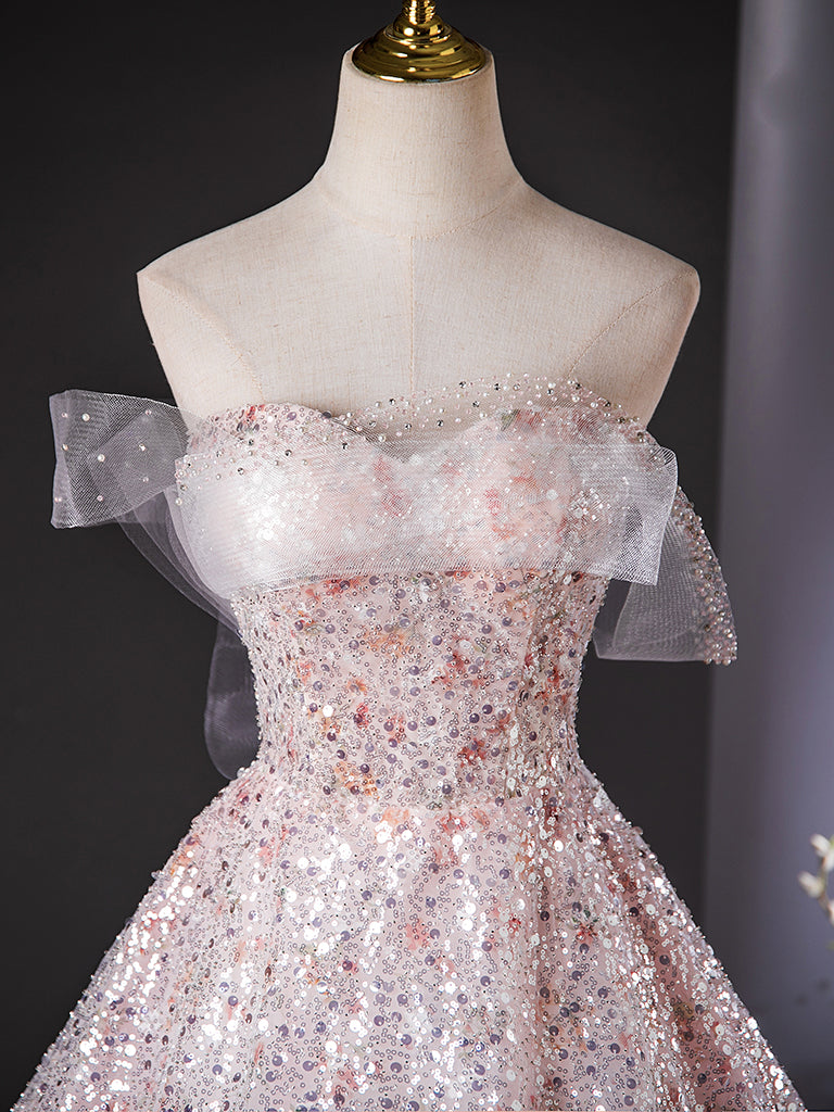 Elegant A-Line Tulle Lace Sequin Pink Long Prom Dress - Formal Evening Gown for Homecoming, Wedding, and Special Occasions