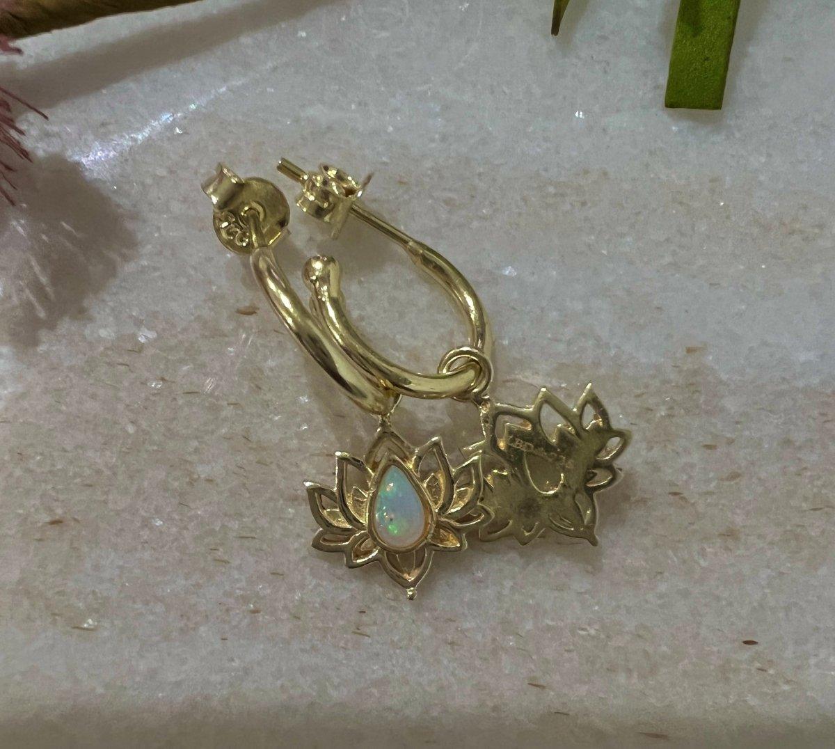 Laihas Opulent Lotus Flower Gold Opal Hoop Earrings for Women - Elegant Dangle Statement Jewelry for Party, Wedding & Special Occasion Gifts