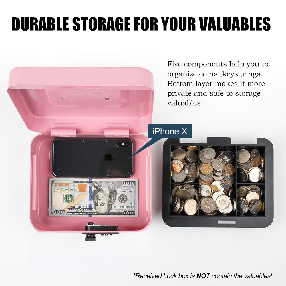 KYODOLED Medium Cash Box with Combination Lock - Secure Metal Money Storage Box with Removable Tray - 7.87x6.30x3.54 Inch Pink Safe for Home, Office, Retail & Small Business Use