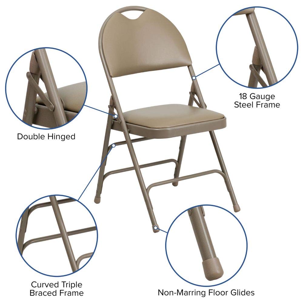 Flash Furniture 4-Pack HERCULES Series Heavy Duty Folding Chairs - Triple Braced Metal Frame, Beige Vinyl Seat, Easy-Carry Handle - Perfect for Weddings, Parties, Events, and Home Use