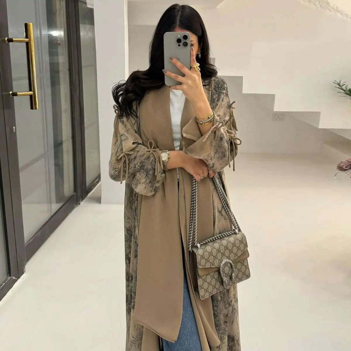 Elegant Printed Chiffon Hijab Cardigan Open Abaya Dress #25181 - Perfect for Modest Fashion, Prayer, and Special Occasions
