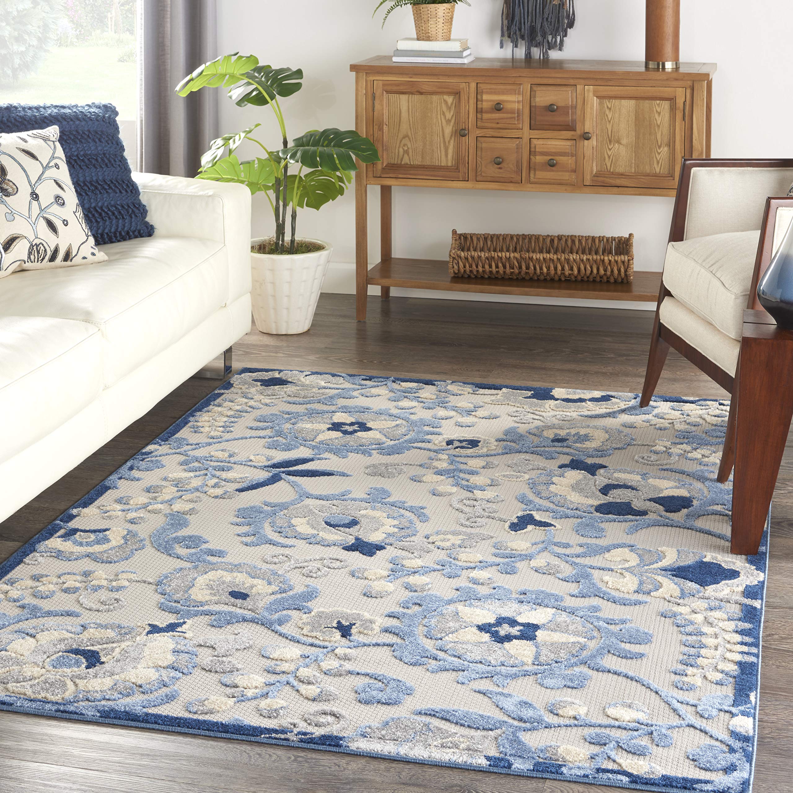 Nourison Aloha Indoor/Outdoor 6' x 9' Area Rug - Blue & Grey, Easy to Clean, Non-Shedding for Bedroom, Living Room, Dining Room | Perfect for Backyard, Deck & Patio Use (6x9)