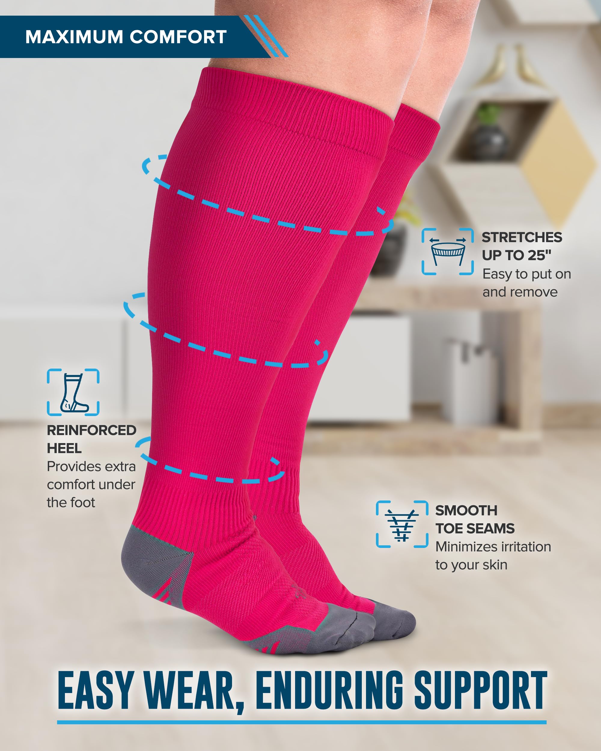 Doctor's Select 3 Pairs Plus Size Compression Socks (20-30 mmHg) for Women with Wide Calf - Up to 6XL in Pink, Purple & Blue | Circulation Support & Comfort | Ideal for Travel, Nursing & Varicose Vein Relief
