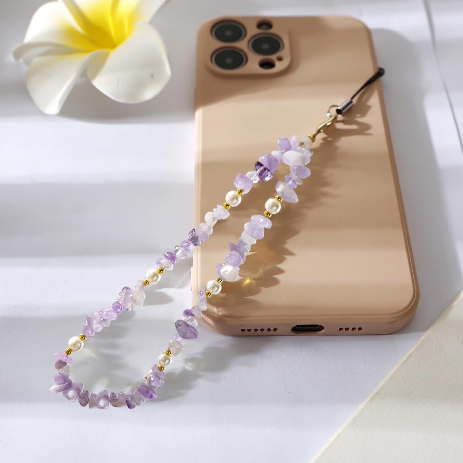 Natural Gemstone Phone Lanyard with Beaded Wrist Strap - Elegant Purple Cell Phone Charm for Women & Girls | Perfect for Smartphones, Keys & ID Cards (Fashion Accessory & Gift Idea)