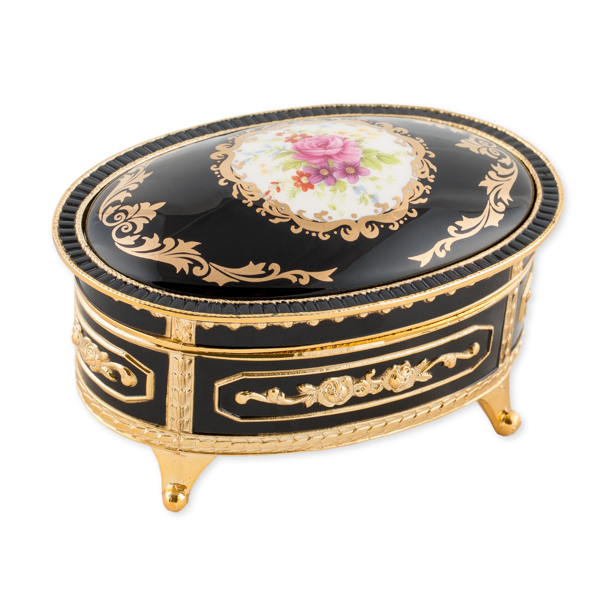 Elegant Black Floral Music Jewelry Box - Oval Shape with 'Candle in the Wind' Melody | Perfect for Gift Giving, Home Decor & Jewelry Storage