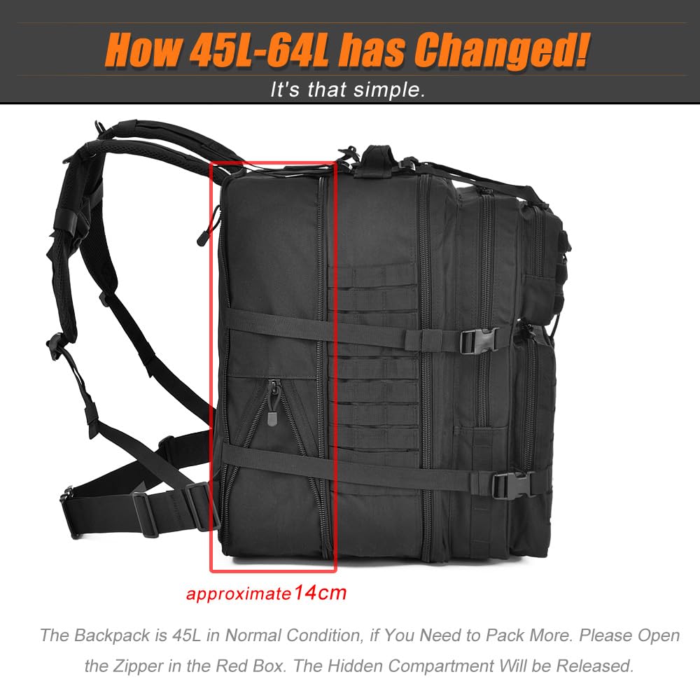 R.SASR Tactical Backpack - 45-64L Military Molle Backpack for Hiking, Camping & Outdoor Adventures | Durable Daypack for Travel, Hunting & Survival Gear
