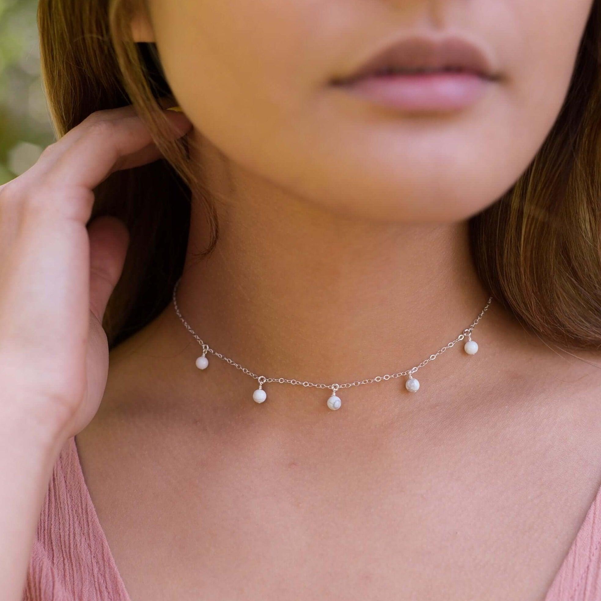 White Howlite Bead Drop Choker Necklace - Natural Stone Jewelry for Women, Boho Style Layering Piece | Perfect for Yoga, Meditation & Spiritual Healing