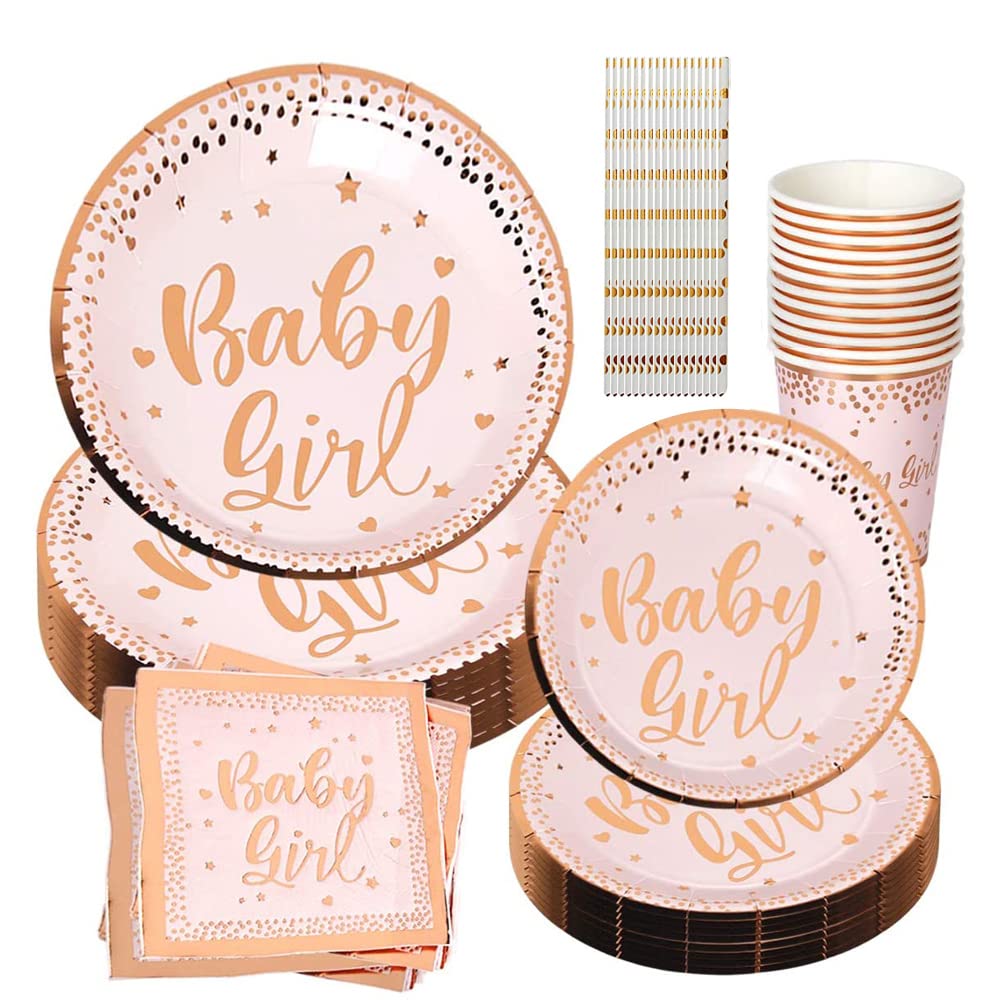 50 Pcs Pink Gold Birthday Party Plates & Cups - Disposable Paper Dinnerware for Girls Birthday Party, Baby Shower, Bridal Shower - Perfect for Kids Party Decorations & Table Settings