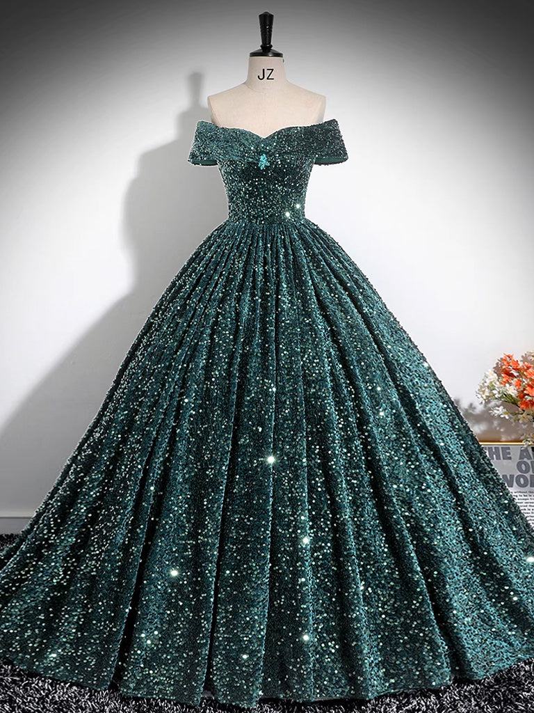 Elegant A-Line Off Shoulder Velvet Sequin Green Long Prom Dress for Women - Perfect for Formal Dances, Evening Gala & Special Occasions