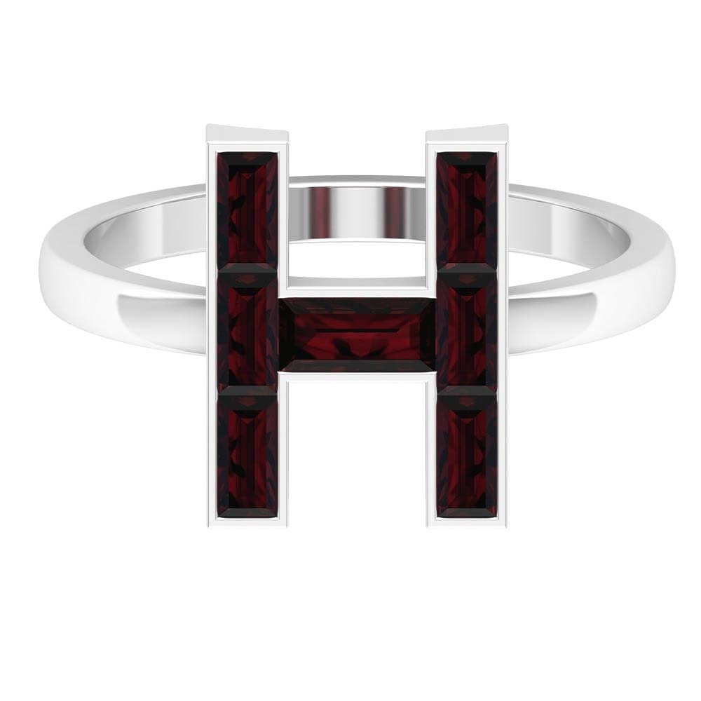 14K White Gold Garnet Initial Rings A-Z | Alphabet Letter Rings with Baguette & Channel Set Garnets | Perfect for Personalized Gifts, Birthdays & Name Jewelry