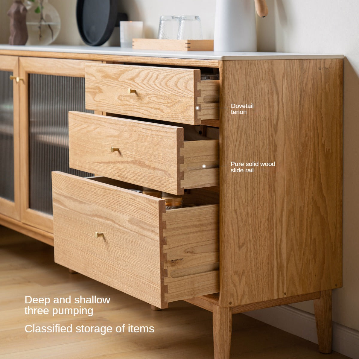 Solid Oak Wood Sideboard Buffet Cabinet - Rustic Dining Room Storage for Dishes, Linens & Entertaining Essentials