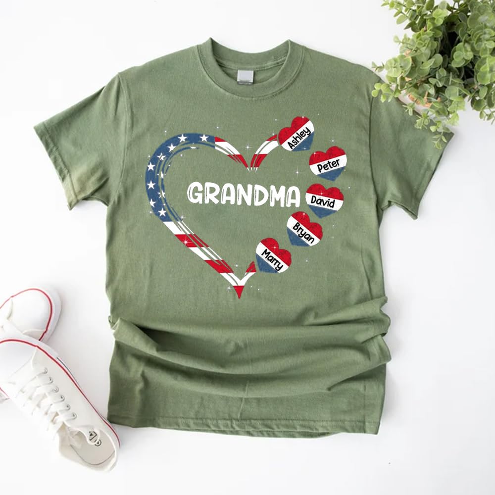 Custom Grandma Shirt with Kids Names - Patriotic 4th of July Apparel for Mothers Day & Independence Day | Family Reunions, BBQ Parties & Holiday Celebrations