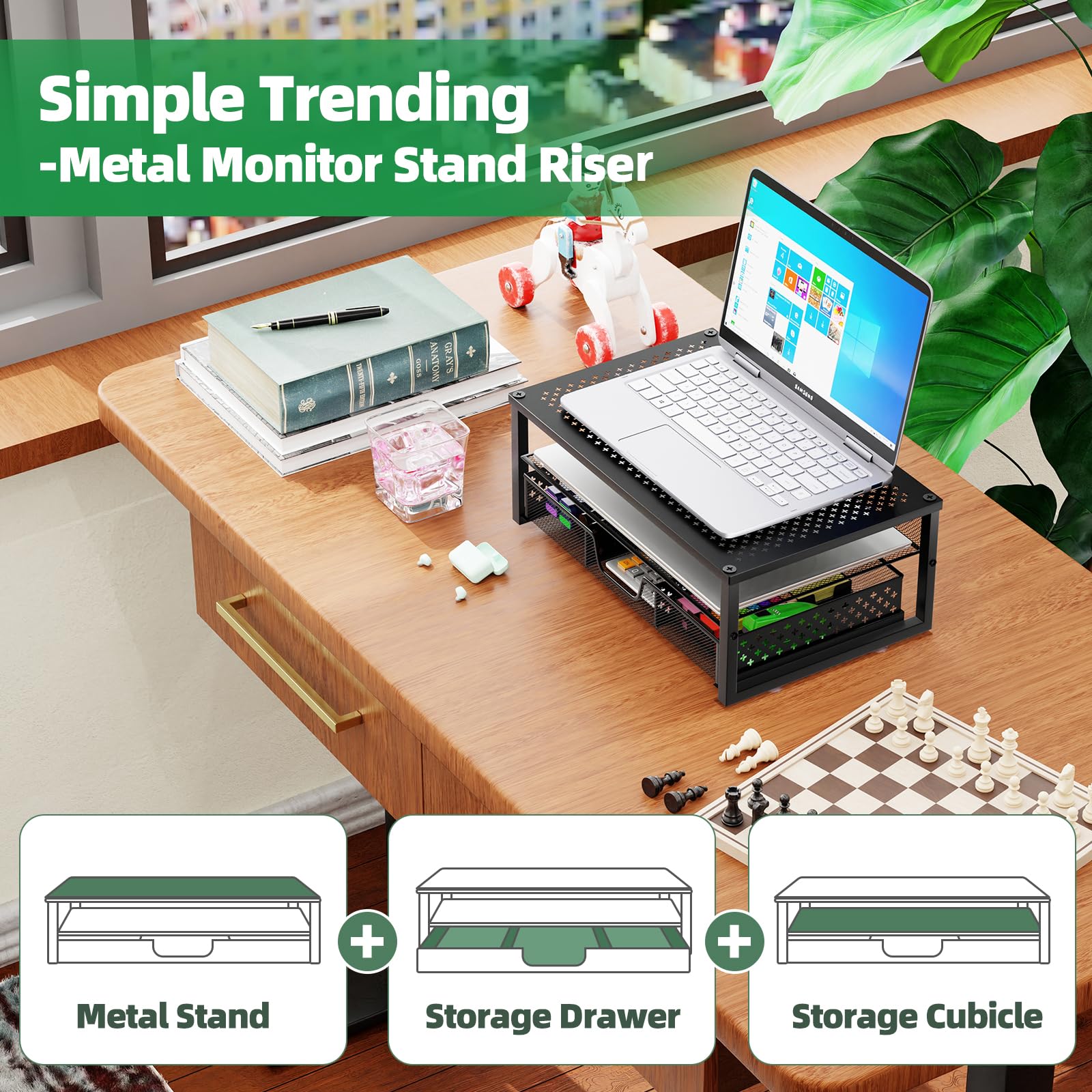 Simple Trending Metal Monitor Stand Riser with Drawer - Black Computer Desk Organizer for Laptop, iMac, and PC - Perfect for Home Office and Gaming Setup