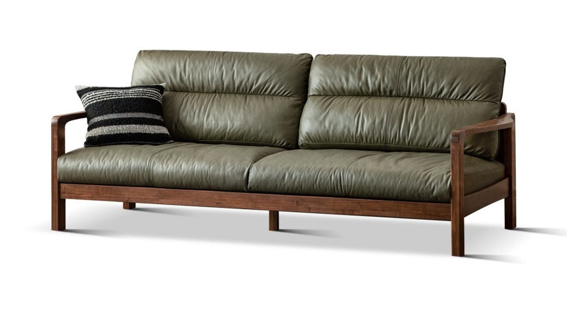 Premium Black Walnut Solid Wood Leather Sofa - Modern Luxury Living Room Furniture for Home & Office (Perfect for Lounging, Entertaining & Relaxing)