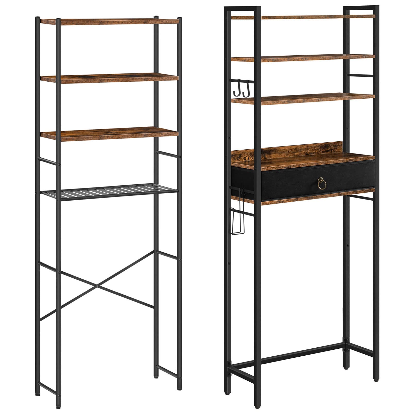 HOOBRO 2-Piece Over The Toilet Storage Set - 5 Tier Bathroom Organizer with Drawer & 4 Tier Shelf - Space Saving Solution for Small Bathrooms, Laundry Rooms - Rustic Brown Finish - Perfect for Towels, Toiletries & Cleaning Supplies Storage
