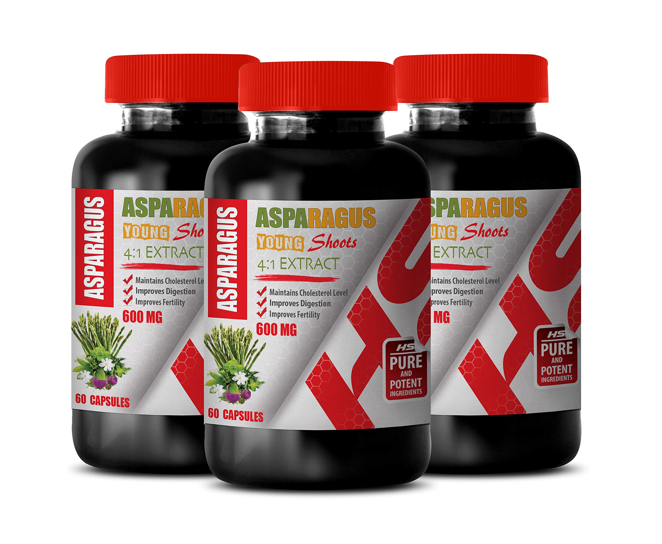 Memory & Brain Support Supplements - 600mg Asparagus Young Shoots 4:1 Extract with Digestion Vitamins - 180 Capsules (3 Bottles) for Focus, Clarity & Gut Health - Perfect for Students, Professionals & Seniors