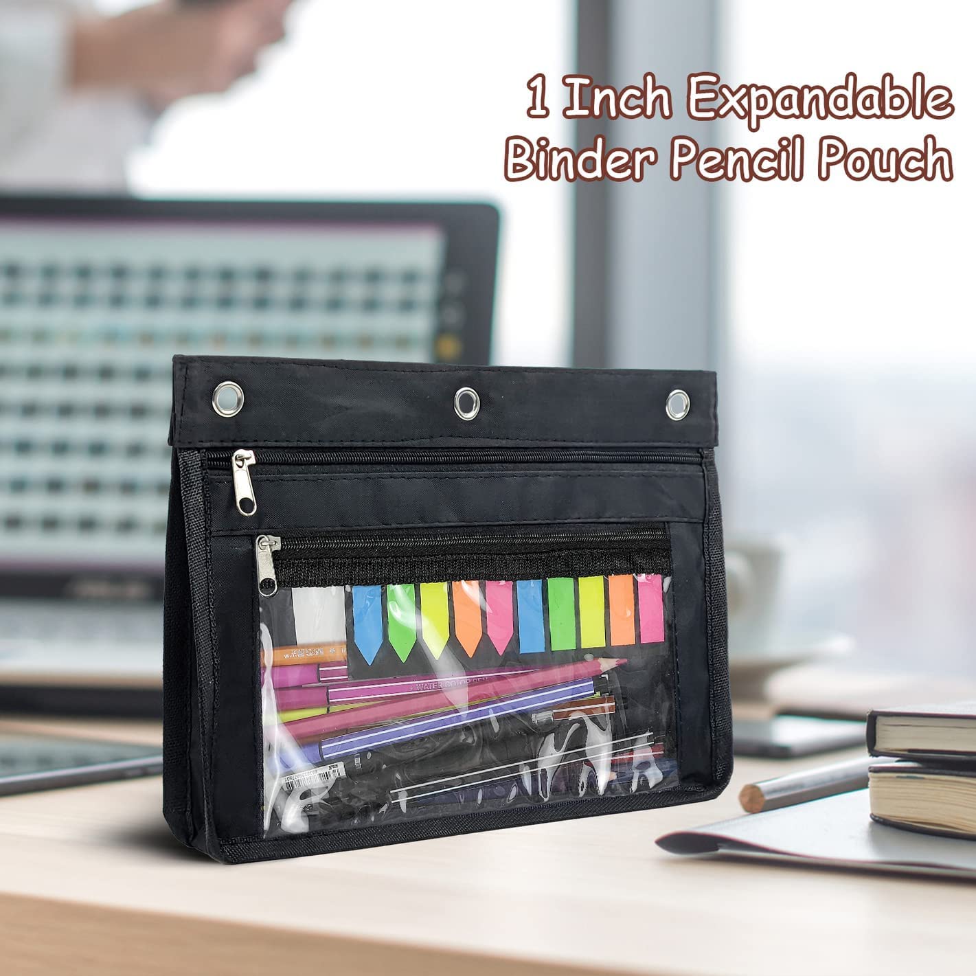 YoeeJob 24 Pack Pencil Pouch for 3 Ring Binder - Expandable Zippered Binder Pouches with Clear Window, Large Capacity Pen Holder Case for School, Office & Classroom Organization (Black) - Perfect for Students, Teachers & Professionals to Organize Supplies