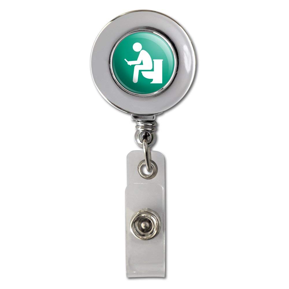 Funny Retractable ID Badge Holder with Man Pooping on Toilet Design - Chrome Reel Clip for Work, Office, or Gift (Humor Accessory)