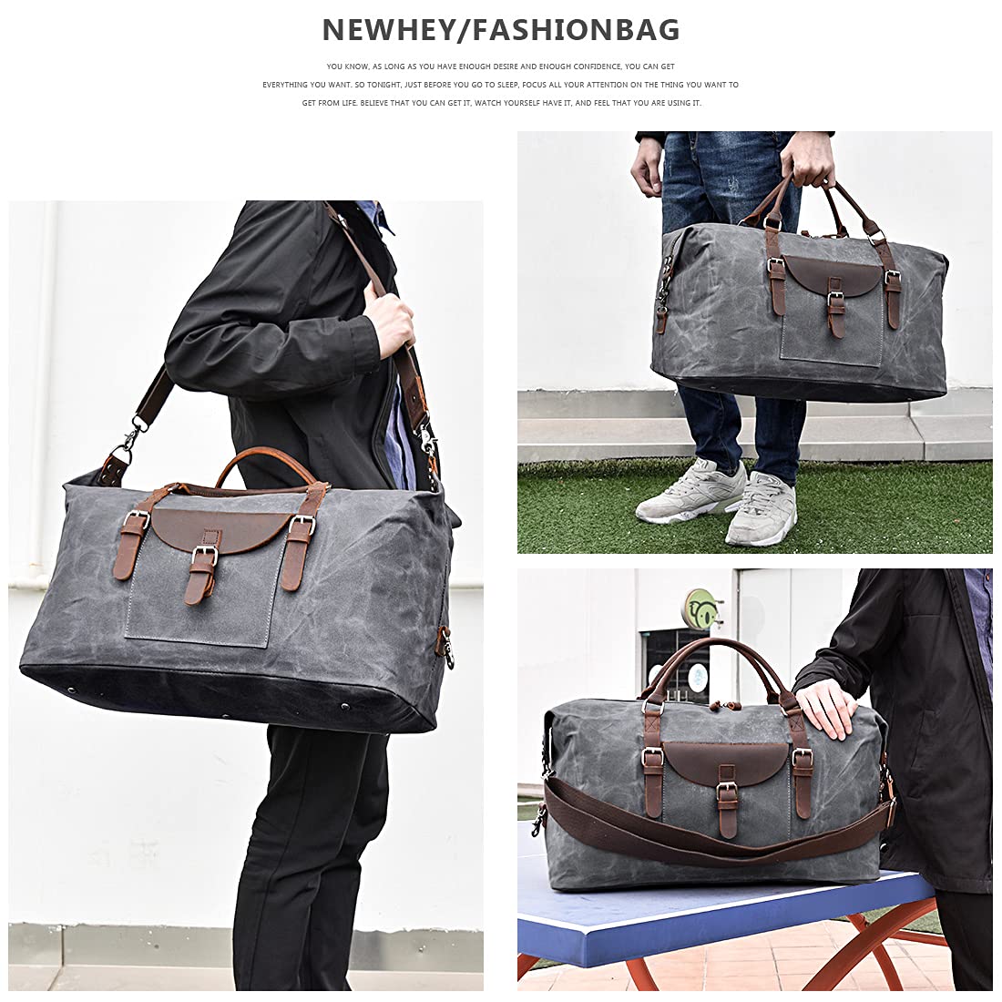 **Large Waterproof Travel Duffel Bag - Genuine Leather Weekender Overnight Carry-On Bag for Men & Women - Perfect for Gym, Weekend Trips & Air Travel (Grey)**