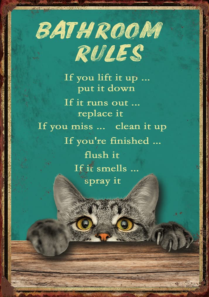 Vintage Black Cat Bathroom Rules Tin Sign - Rustic Retro Wall Art Decor for Home, Outdoor, Office - 8x12 Inch - Perfect for Bathroom, Kitchen, Man Cave & Gift Giving