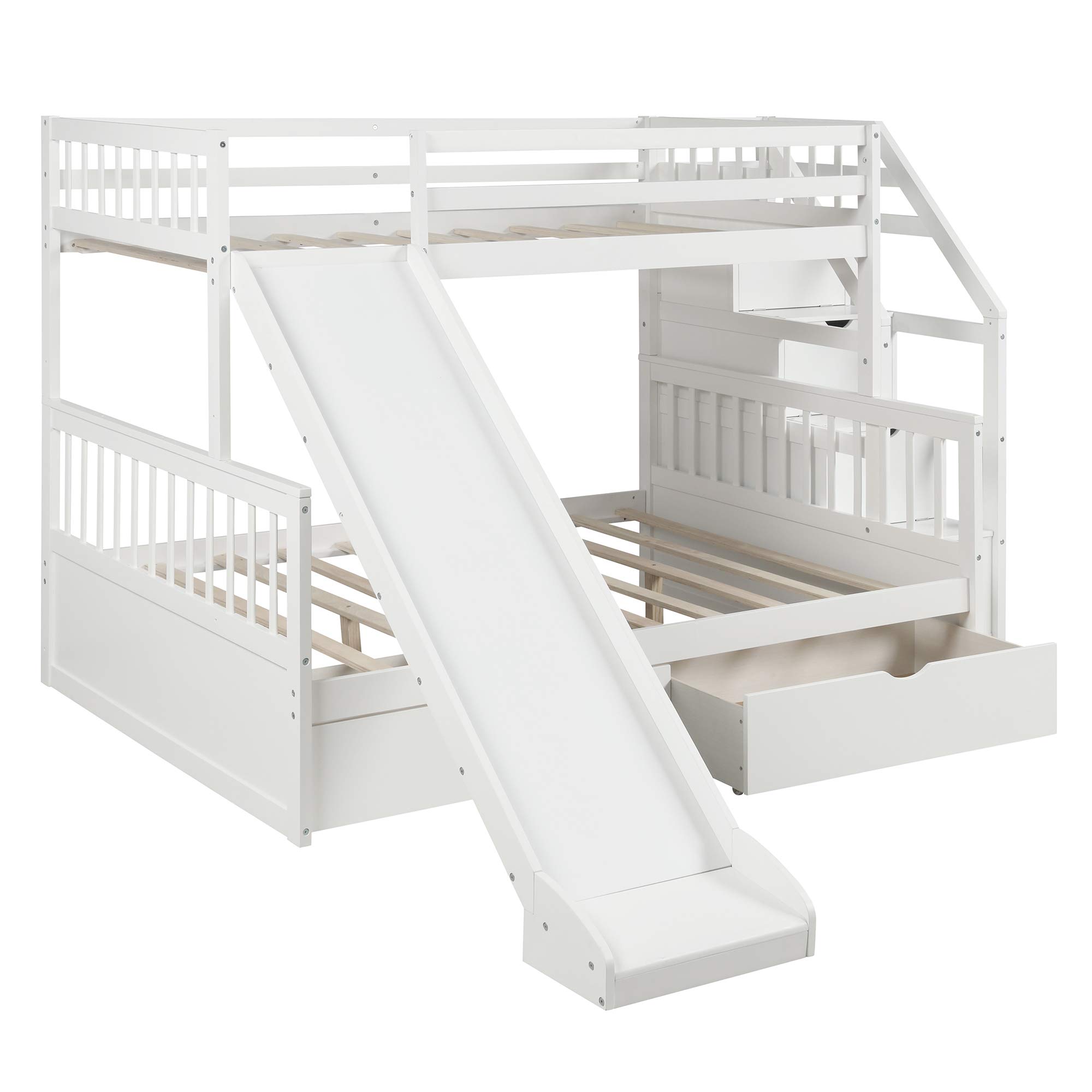 Danxee Twin Over Full Bunk Bed with Stairs, 2 Drawers & Slide - Multifunctional Wood Loft Bed with Storage for Kids & Adults - Convertible into 2 Separate Beds (White) - Perfect for Small Bedrooms, Guest Rooms & Kids' Shared Spaces