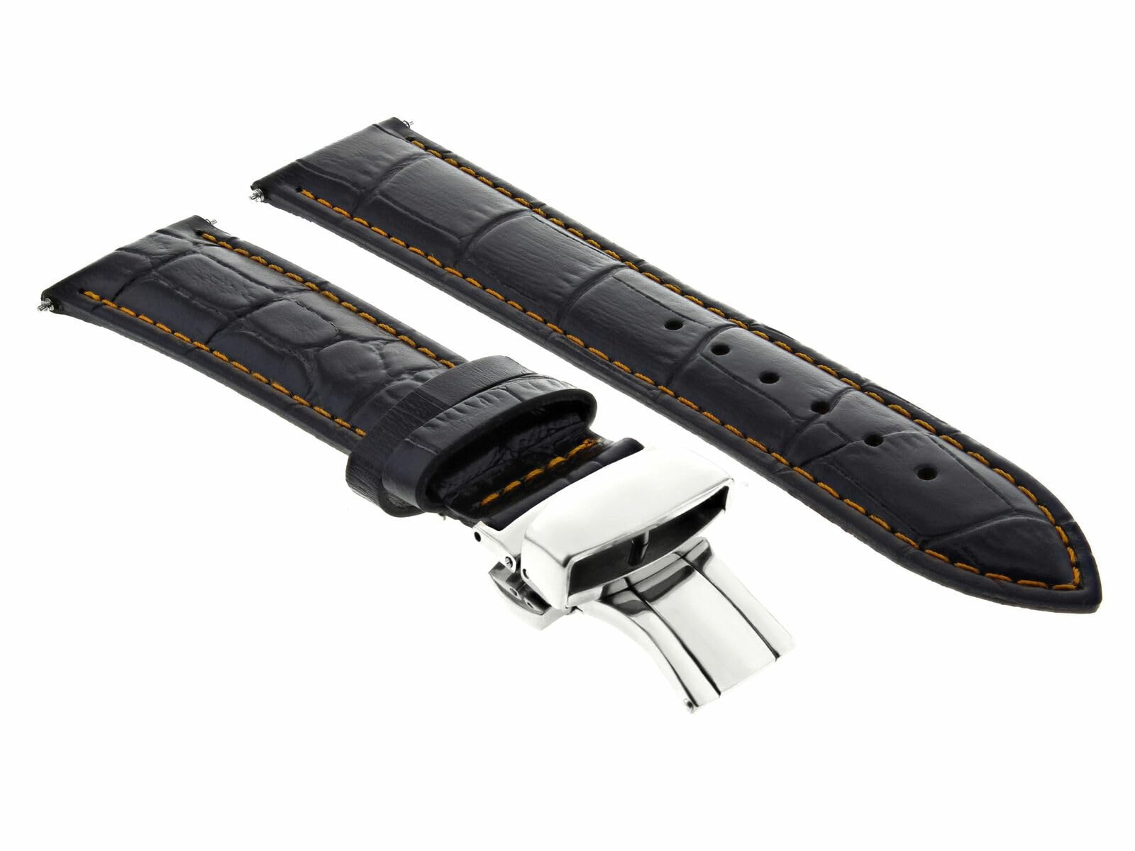 19mm Genuine Leather Watch Band Strap - Compatible with Longines Watches - Black with Orange Stitching - Deployment Clasp - Replacement Watch Strap for Men & Women - Perfect for Business, Casual & Formal Occasions
