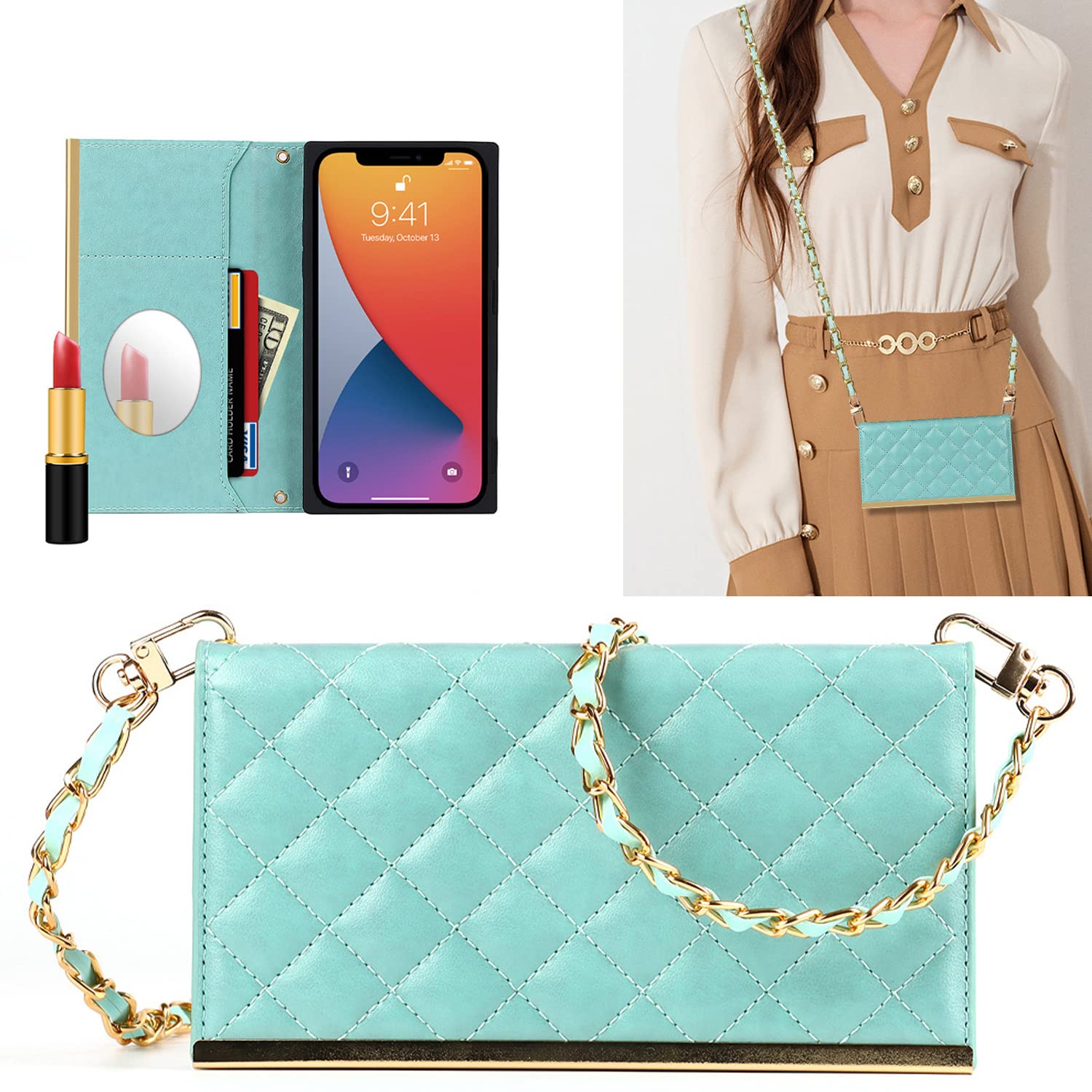 Luxury Leather Wallet Case for iPhone 13 Pro - Fashion Flip Purse with Card Slots, Mirror & Crossbody Chain Strap | Shockproof Protective Cover (Blue) | Perfect for Travel, Shopping & Everyday Use