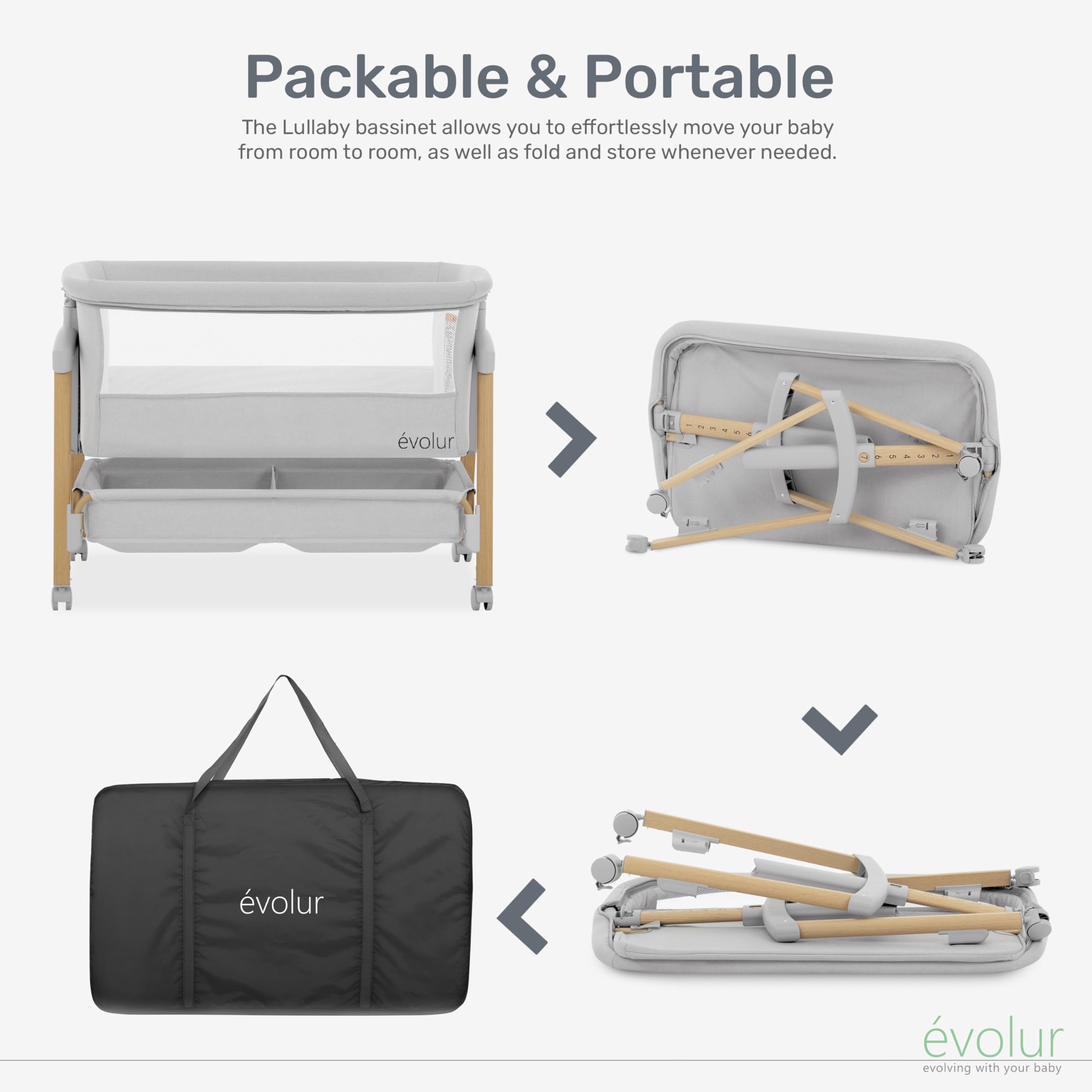 Evolur Lullaby Portable Baby Bassinet with Wheels - 7 Adjustable Heights, Breathable Mesh Sides, Large Storage Basket - Easy Fold & Carry for Travel - Perfect for Nursery, Bedroom & On-the-Go Parents (Includes Travel Bag)