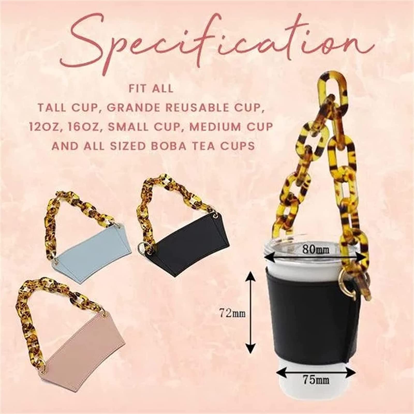 Premium Leather Coffee Cup Sleeve with Detachable Metal Chain - Reusable Insulated Travel Mug Holder for Hot/Cold Drinks - Perfect for Commuting, Office Use & Outdoor Activities (Black)