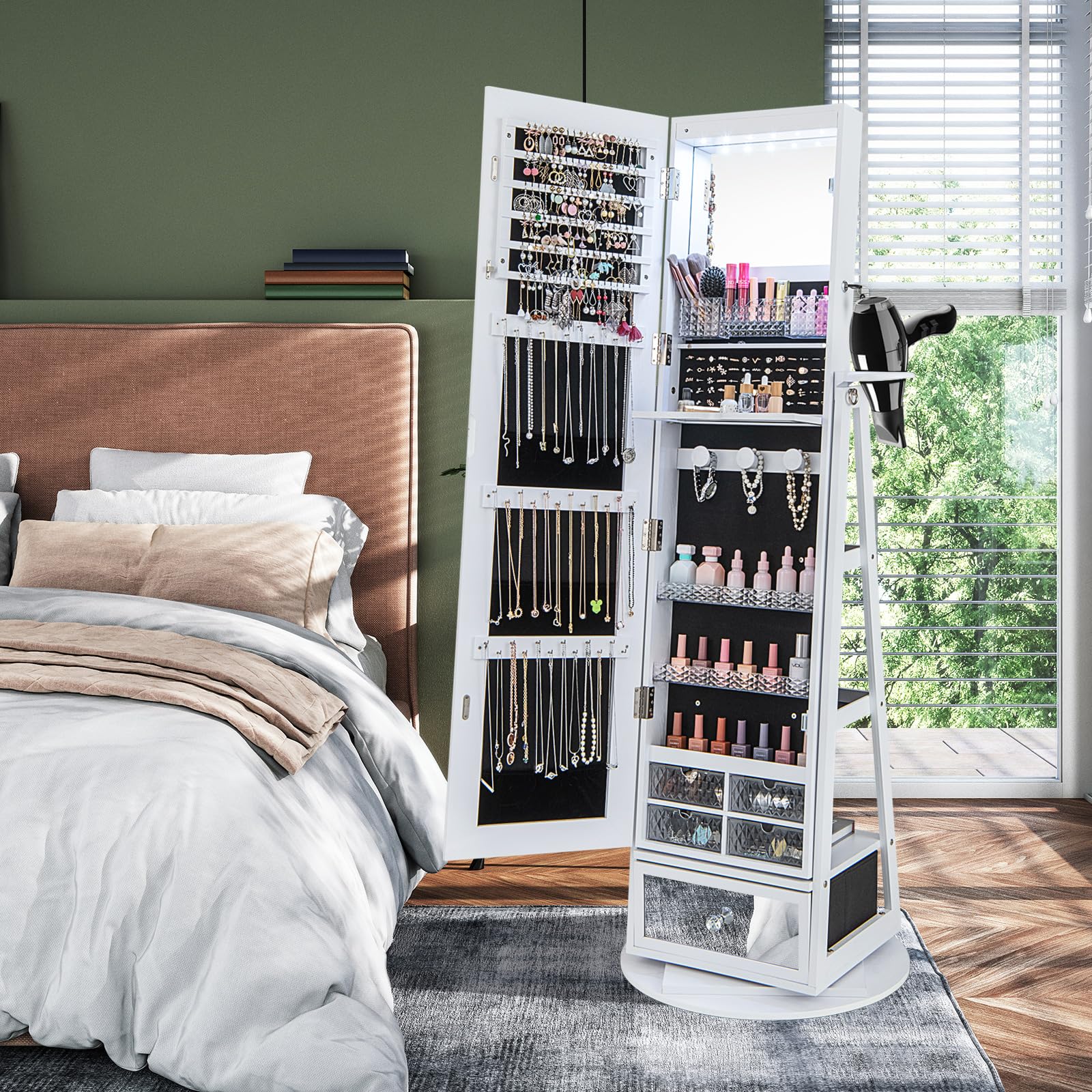 CHARMAID 360° Swivel Jewelry Cabinet Armoire with Full Length Mirror - 64.5