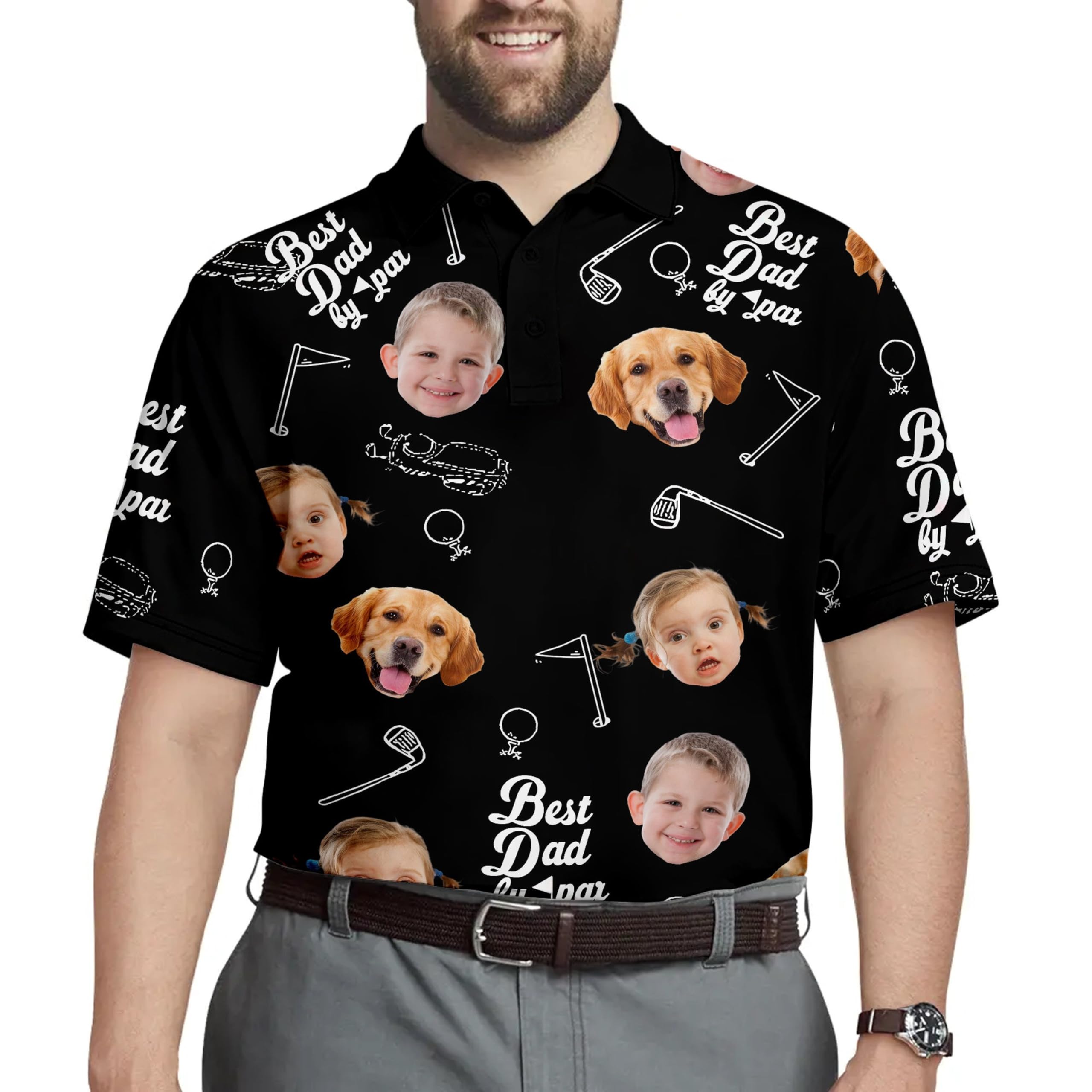 Custom Dad Polo Shirt with Kids Face Print - Personalized Father's Day Gift for Golf, BBQ & Family Outings - Breathable Men's Casual Shirt