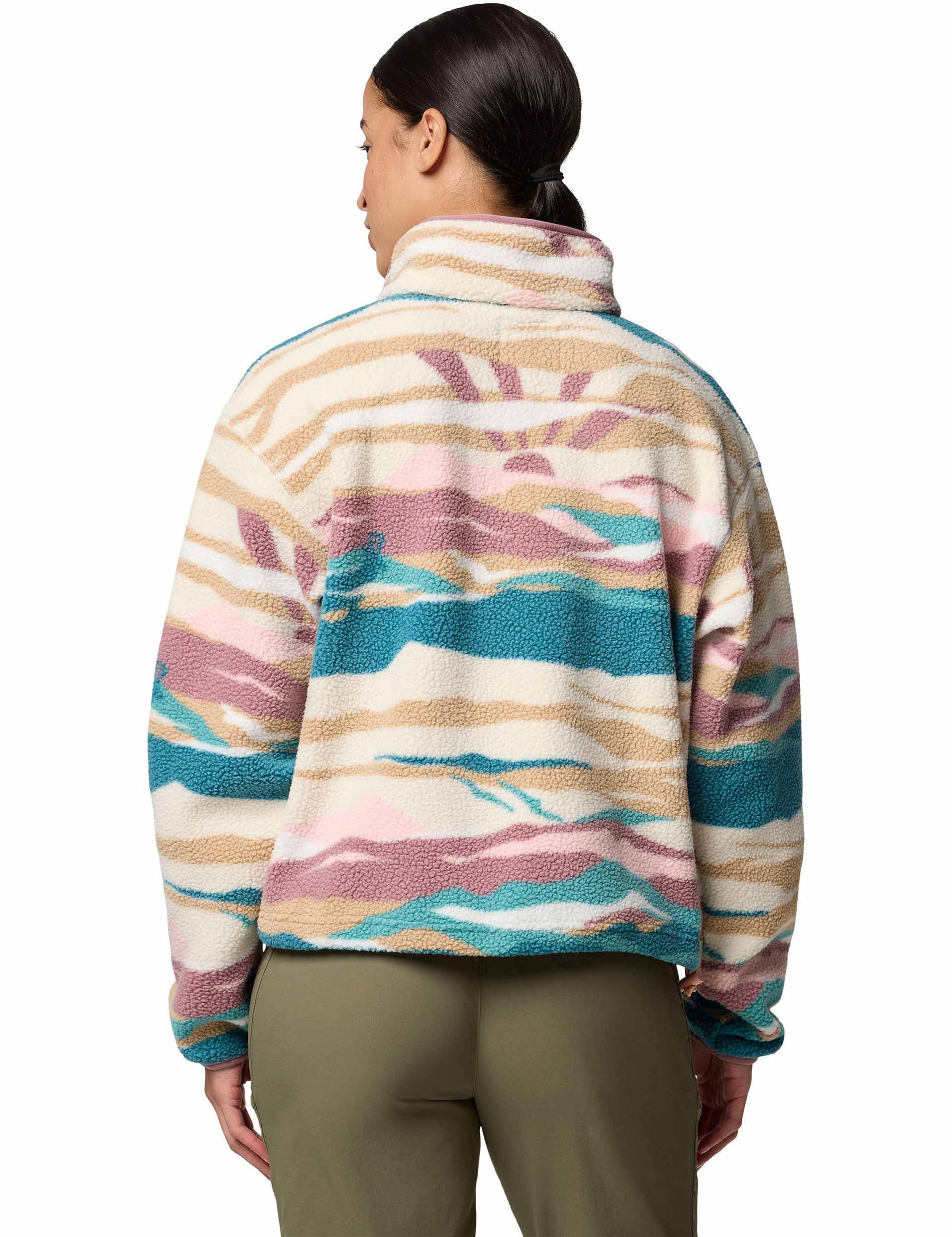 Helvetia II Cropped Sherpa Fleece Jacket - Half Snap Front, Printed Design in River Blue - Cozy Winter Outerwear for Women | Perfect for Hiking, Camping & Casual Outfits