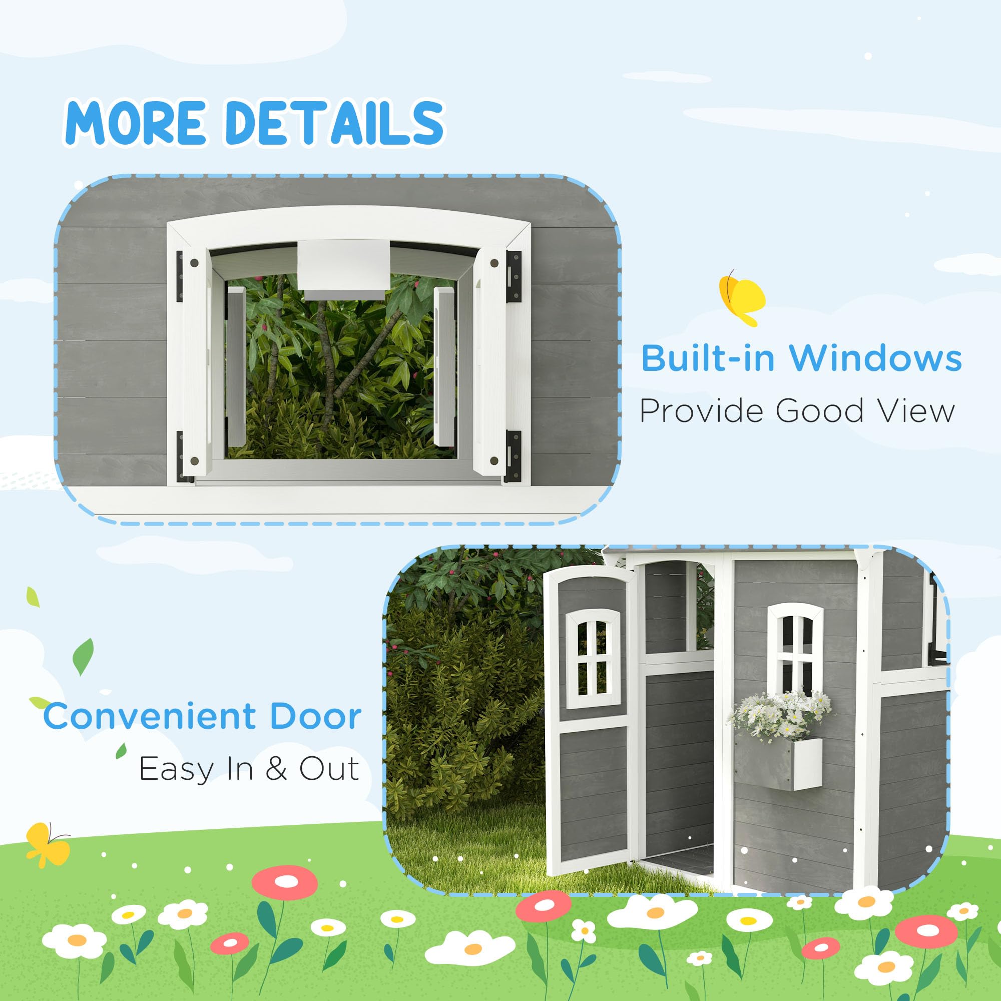 Outsunny Wooden Playhouse for Kids Ages 3-8 - Outdoor Playhouse with Floor, Door, Windows & Planter Box - Backyard, Lawn & Garden Playhouse for Pretend Play & Outdoor Fun (Gray)
