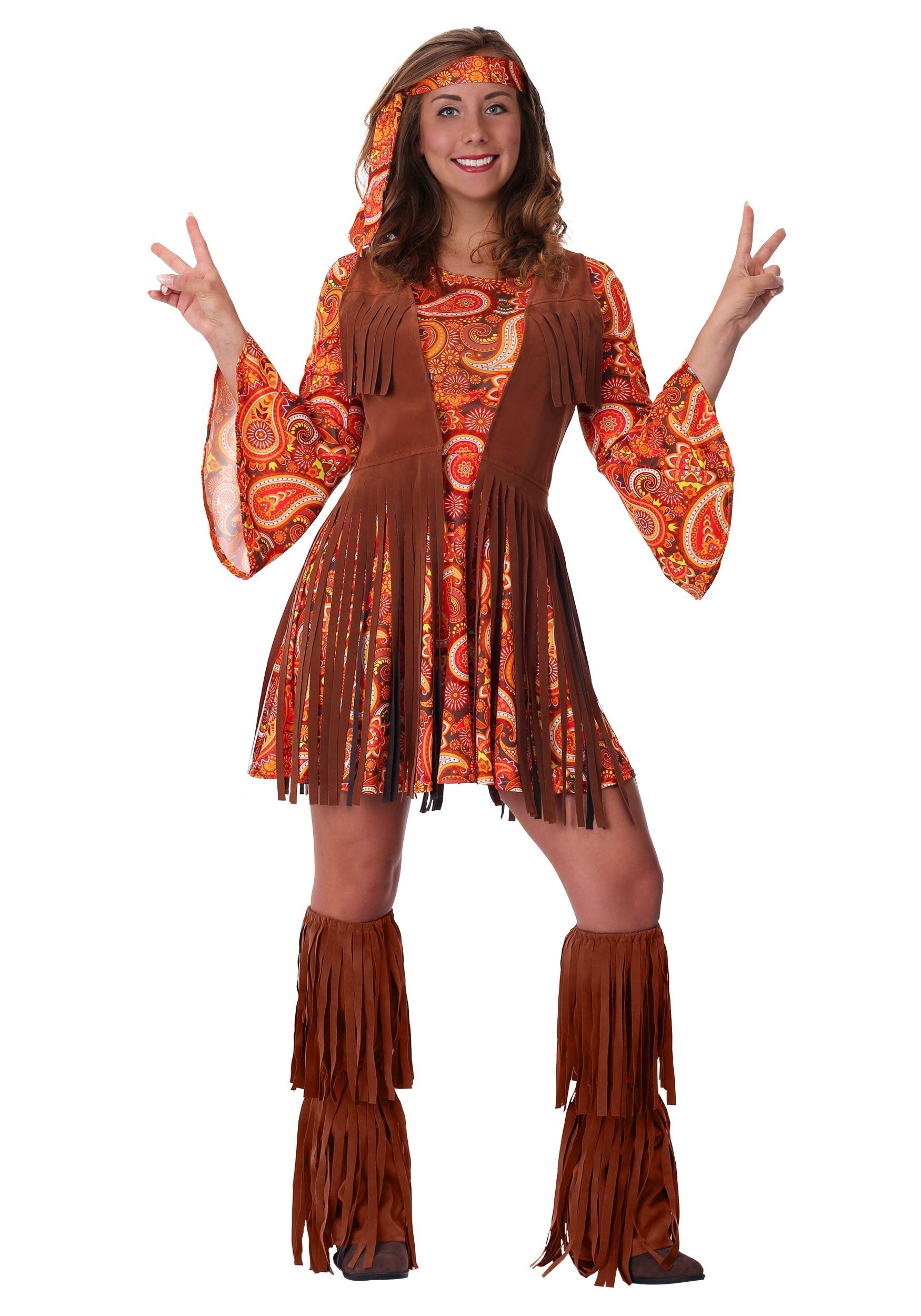 Plus Size Women's 70s Hippie Costume Set - Retro Disco Dress with Fringe Vest, Boot Covers & Headband for Halloween, Theme Parties & Cosplay