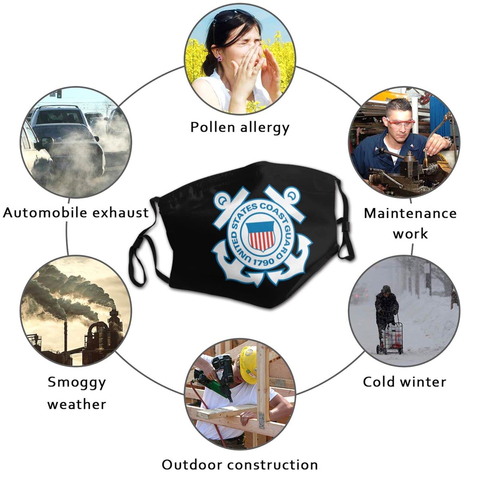 Reusable US Coast Guard Face Mask for Adults - Double-Sided Printed Dust Mask, Black, One Size Fits X-Large | Perfect for Outdoor Activities, Travel & Daily Protection